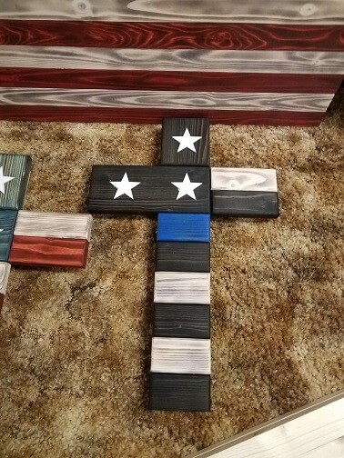 BLACK FRIDAY SALE!!! The black pieces, whitewashed pieces, and the blue center stripe form a beautiful police-themed cross. We can make the "white" blocks white, grey, or natural wood color upon request in the comments section when you place an order. Gua