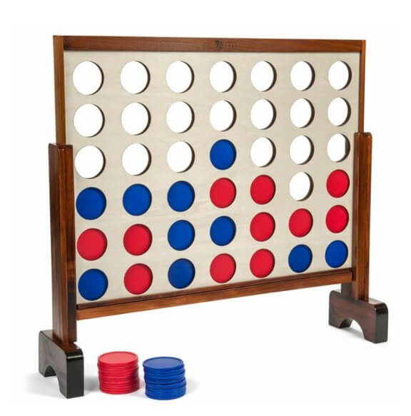 Our solid wood connect 4 game is perfect for indoor and outdoor fun. It measures 24" x 36" and includes 21 red and 21 blue 3.5" plastic custom-molded pucks. We include a custom carrying case absolutely free with each Jumbo Connect 4 purchase. GREAT deal! 