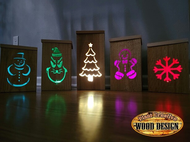 Made of 100% cedar wood. Your order will include 1 Christmas tree, 1 gingerbread man, 1 snowflake, 1 snowman, and 1 Grinch. With this listing, we do not charge extra for The Grinch design. Includes 5 lights, batteries, and a FREE REMOTE! 