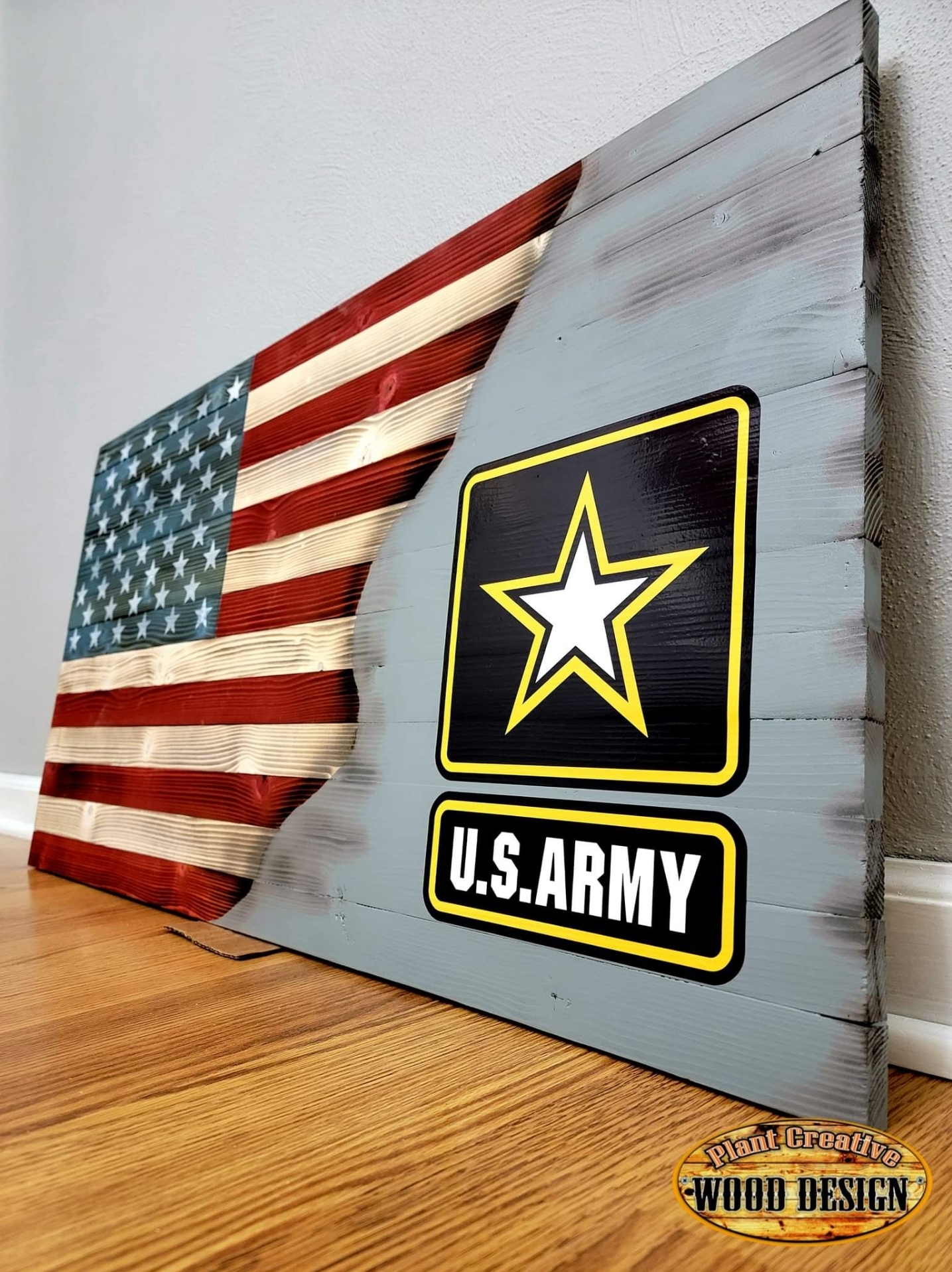 Our distressed flag that fades into a torched grey with your choice of a military branch logo. Include which branch you want typed into the comment section of your order please. 