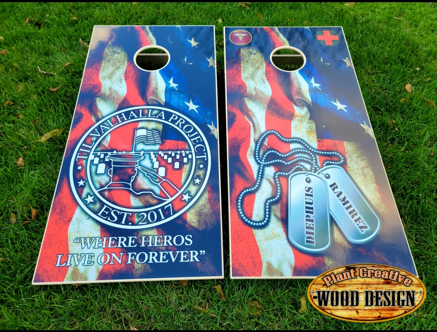 Our beautiful TVP cornhole boards that include all-weather bags and a drawstring bag to carry/store the playing bags in. Add in the comments what name/info you want on the dog tags or if you want 2 of the TVP boards instead. 